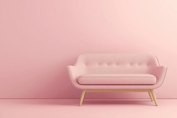 A stylish pink sofa against a matching pastel wall, creating a cozy and modern living space.