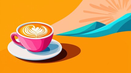 Vibrant coffee cup with latte art on bright orange background.