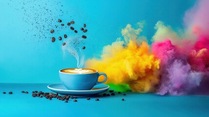 Vibrant coffee cup with colorful steam and splashes, white isolate background