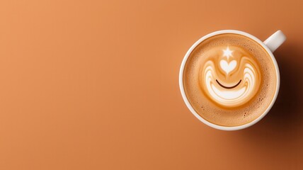 A delightful coffee cup with latte art on a warm orange background.