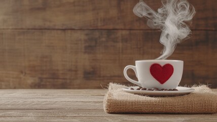 A steaming cup of coffee with a red heart, rustic wooden background.