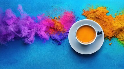 A vibrant cup of tea with colorful powder splashes on a blue background.