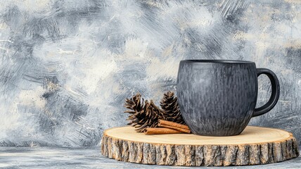 Black mug on wooden coaster with pine cones and cinnamon sticks, grey textured background.