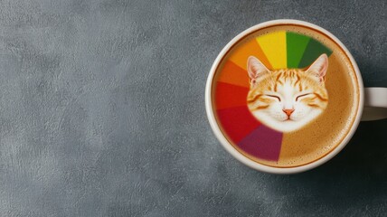 Cat face latte art in colorful coffee cup on a textured surface.