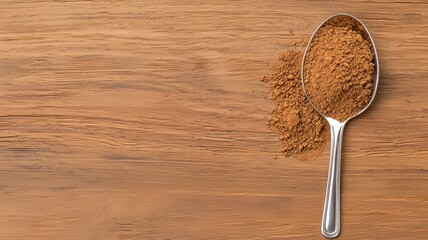 Brown spice powder in a metal spoon on a wooden table background.