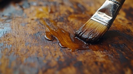 Naklejka premium Close-up of a paintbrush creating warm, golden strokes on a textured canvas, highlighting artistry and creativity in rich lighting.