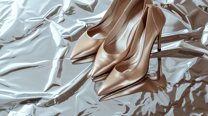 A pair of gold high heels on a silver background.