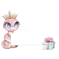 Pink snake girl princess with crown and green gift box, pink bow. Watercolor frame, border with Symbol of Chines New Year 2025 in cute cartoon style for souvenirs, printing, packaging