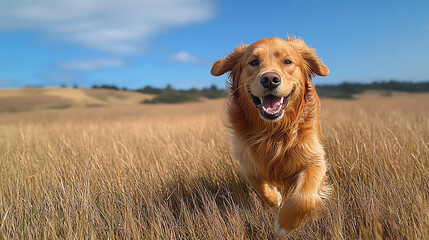 Obraz premium Golden retriever running joyfully in a grassy field under a blue sky.