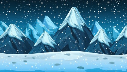 A serene winter landscape featuring snow-covered mountains under a starry sky, creating a peaceful and enchanting atmosphere.