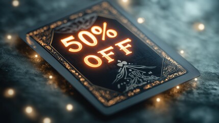 Elegant 50% off sale card with glowing text and festive design