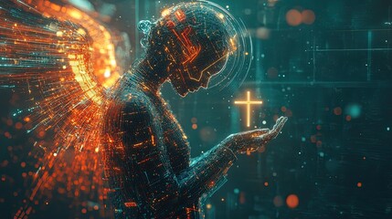 Digital Angel Figure with Geometric Data Visuals