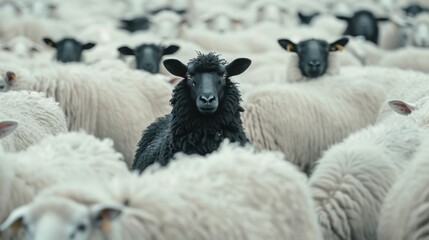 Naklejka premium Black sheep standing out among white flock