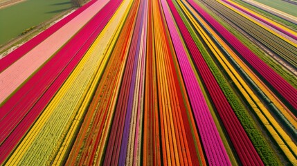 Aerial View of a Multicolored Field of Tulips