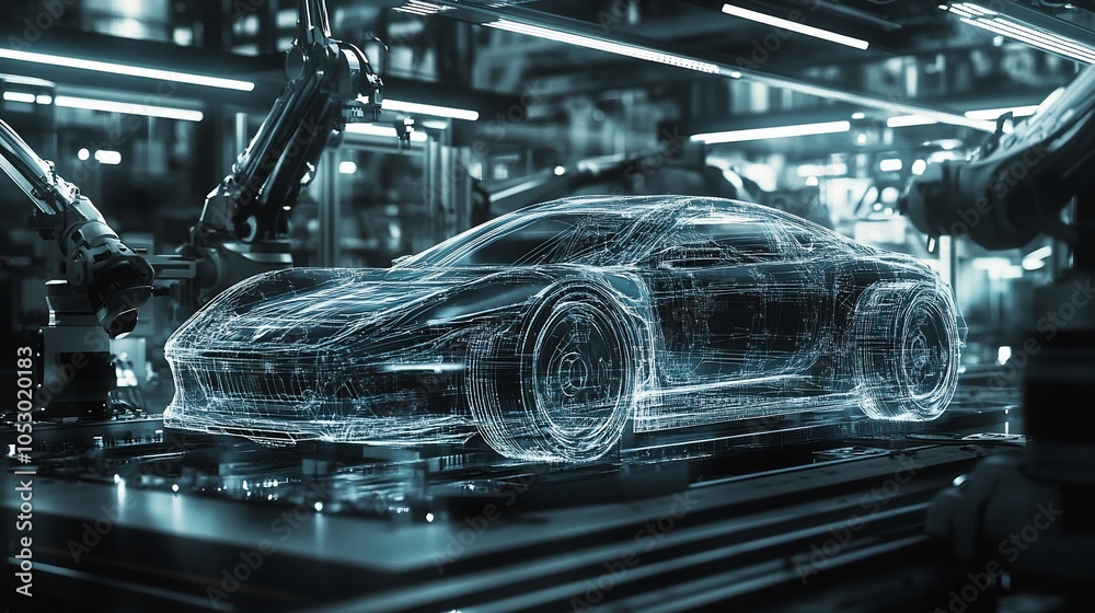 Aufkleber A futuristic car model is being assembled on an automated production line in a factory.