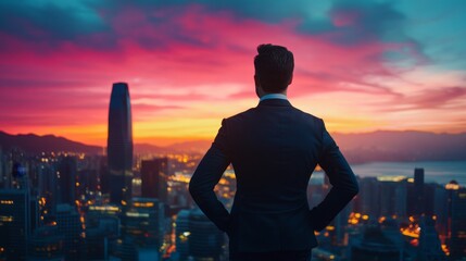 Fototapeta premium Determined Businessman Strategizing at Sunset in High-rise Office with Cityscape Background