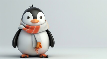 A cartoon penguin wearing a white and orange scarf.