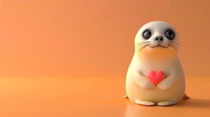 Fototapeta premium A cute cartoon seal holding a red heart.