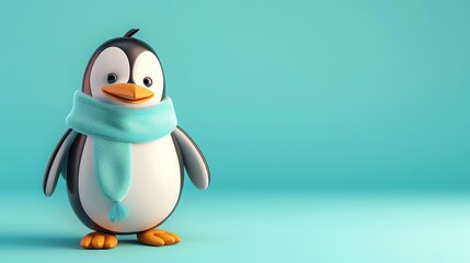 Obraz premium A cartoon penguin wearing a blue scarf on a blue background.