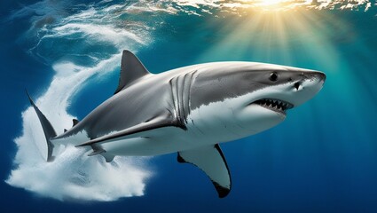 Naklejka premium Large shark gliding near the ocean surface, showing its sleek, powerful form in a captivating underwater environment.