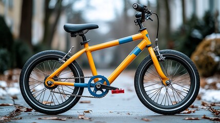 Fototapeta premium A yellow and blue kids bicycle with black tires and seat sits on a sidewalk in front of a blurred background of trees and a street.