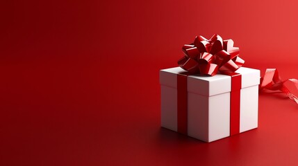 A white gift box with a red ribbon and bow sits on a red background.