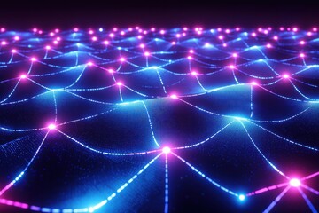 Obraz premium A vibrant, abstract representation of a network, showcasing interconnected nodes with glowing blue and pink lines, suggesting technology and data flow.