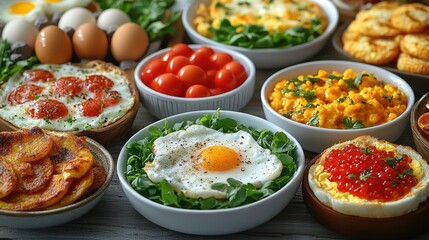 A colorful spread of various breakfast dishes and ingredients.
