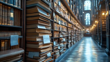 Obraz premium A grand library filled with towering shelves of books.