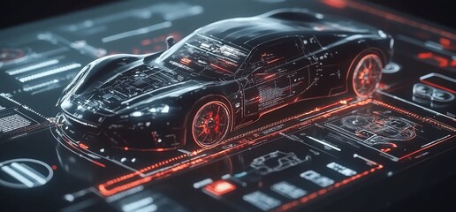 A futuristic concept car with glowing red lines outlining its body, sitting on a digital platform with schematics and controls.