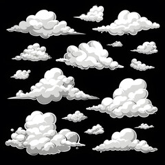 Cartoon White Clouds Icon Set Isolated on Black Background
