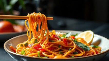 Close-up of Spicy Tomato Pasta with Lemon and Basil
