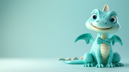 Obraz premium A cute cartoon dragon is sitting on a blue background.