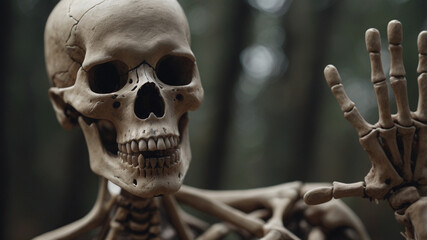 A skeleton is waving its hand. The skeleton is wearing a white shirt. The skeleton is standing in a forest
