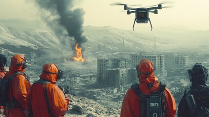 Naklejka premium Hazmat Team Using Drone in Disaster Response Operation. Hazmat team deploys a drone to survey a disaster-stricken area, assessing damage and directing rescue efforts in a hazardous environment.