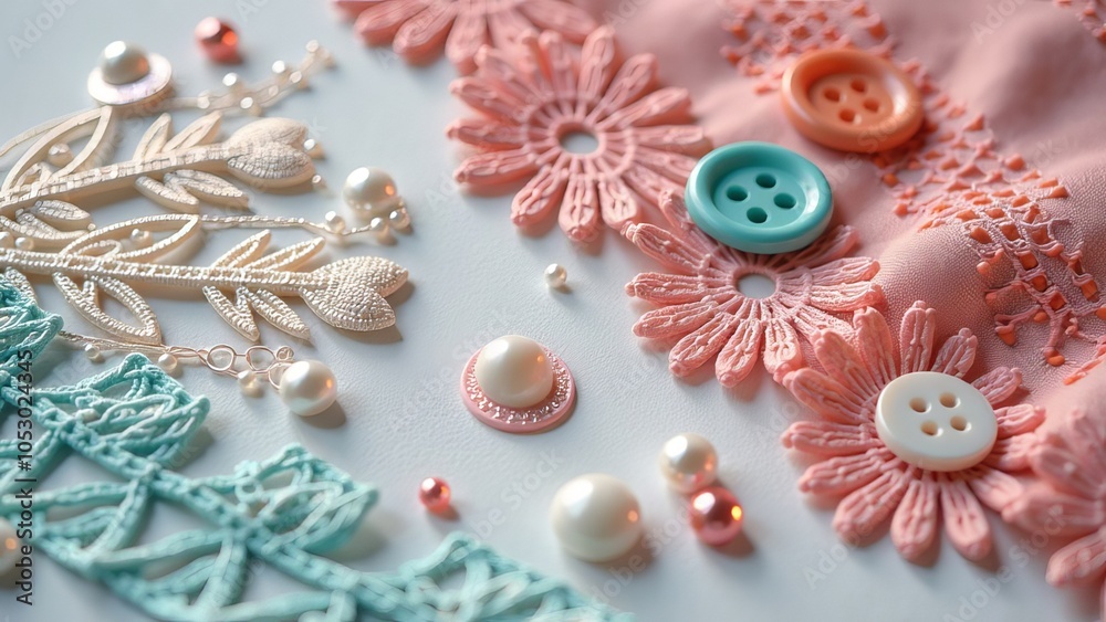 Poster a close up of buttons and lace with a pink background