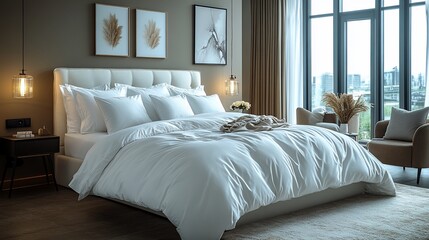 Obraz premium A modern bedroom with a plush white bed, two bedside tables with lamps, and a large window overlooking a cityscape.