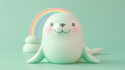A cartoon seal sits in front of a rainbow on a light blue background.