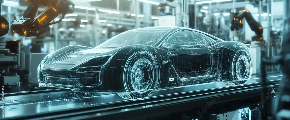 Poster a futuristic sports car on a robotic assembly line, showcasing a wireframe design with robotic arms 