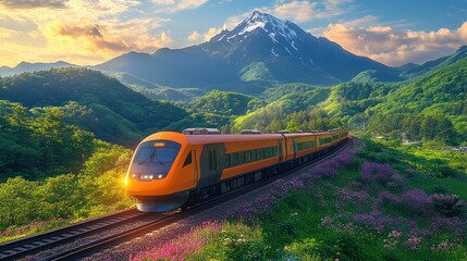 Obraz premium A High-Speed Train Traveling Through a Mountainous Landscape at Sunset