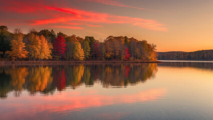 Fototapeta premium Autumn Lake Scene at Sunset with Colorful Fall Trees Reflected in Calm Water