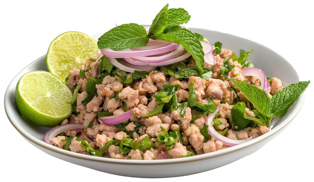 Local Thai food, Spicy minced pork salad (Larb Moo). Minced pork larb, Thai food with vegetables Close-up isolated on transparent background 