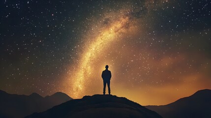 Fototapeta premium Arched Milky Way and happy man on the mountain at night. Silhouette of guy with raised up arm on the hill, sky with stars, yellow light in Nepal. Galaxy. Space landscape with milky way arch. Travel.