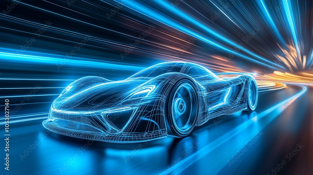 Poster a futuristic sports car with glowing lines representing speed and movement drives through a tunnel.