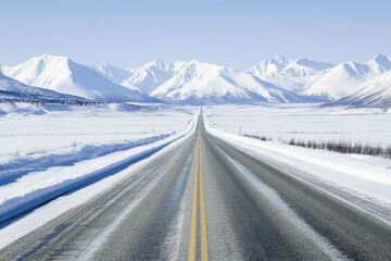 Expansive snowy road leading to distant mountains under a clear blue sky