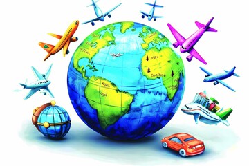 Naklejka premium Colorful Globe Surrounded by Travel Icons and Planes
