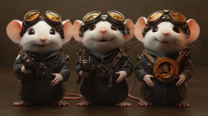 Obraz premium Three cute white mice dressed in steampunk attire with goggles, smiling and looking at the camera.