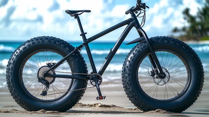 A black fat tire bicycle is parked on a sandy beach with a beautiful ocean view.