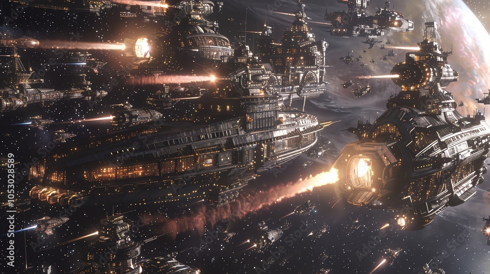 Sticker a large fleet of spaceships in a space battle.