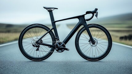 Fototapeta premium A black road bike sits in the middle of a paved road. The bike is in focus, while the background is blurred. The road extends into the distance, and the sky is overcast.